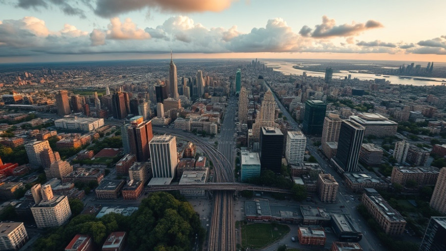 Aerial view of New York City with train tracks and buildings, evening light.