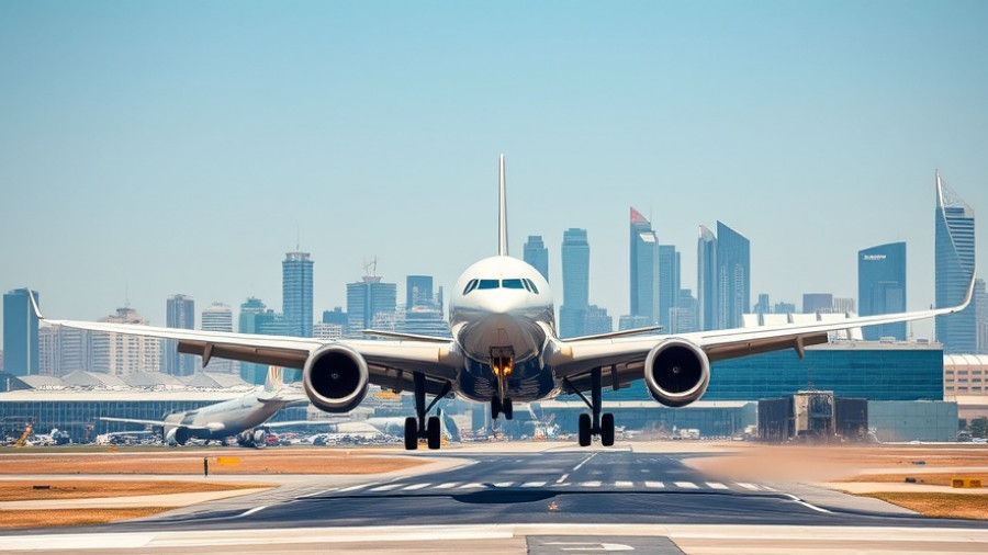 Airplane on runway with city skyline; booking airfare tips.