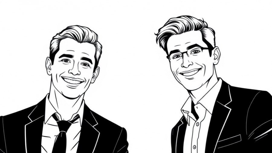 Monochrome line art of three men symbolizing creative destruction for sustainability.