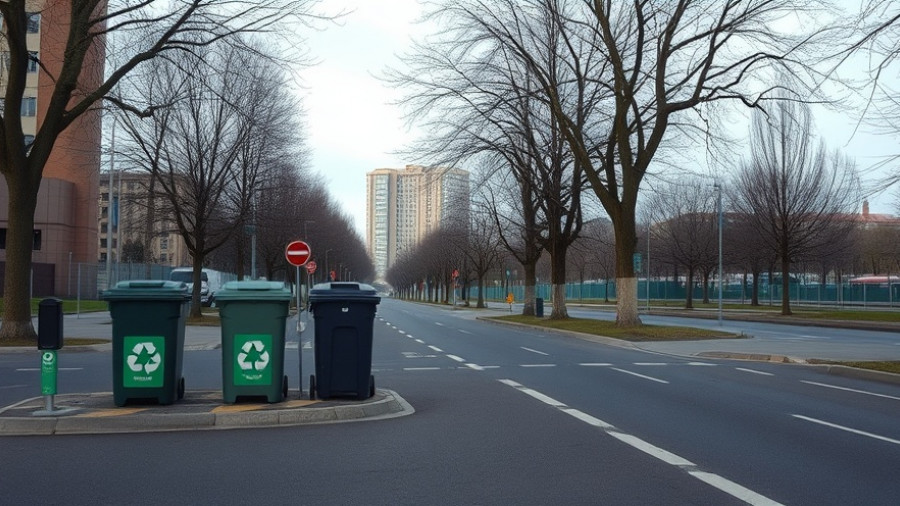 Park Ridge sustainability plans: recycling bins and signs in a parking area.