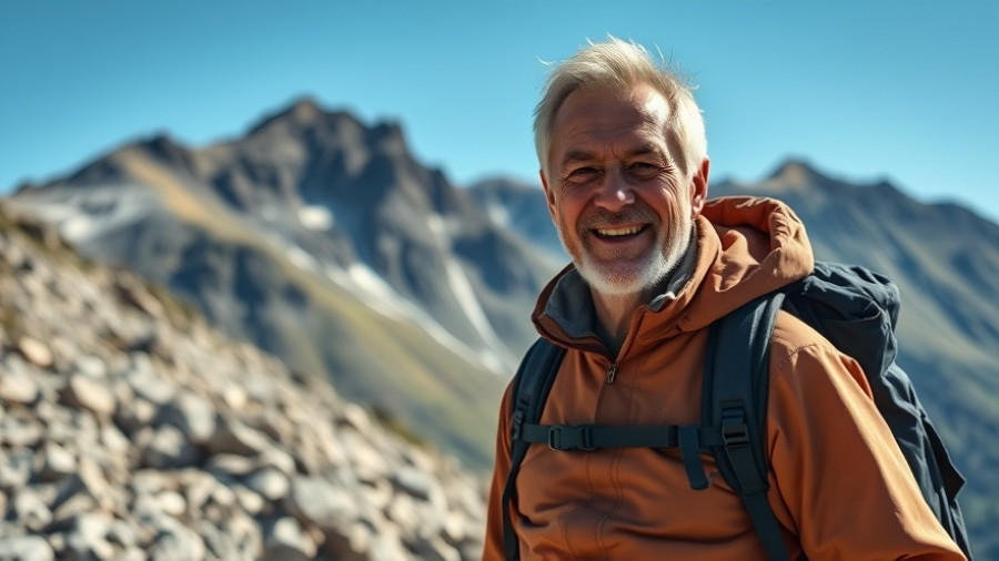 Man hiking in the Canadian Rockies with backpack under blue skies.
