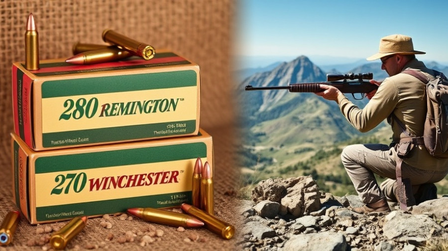 History of the .280 Remington with ammo boxes and hunter in mountains.