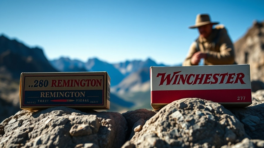 .280 Remington and .270 Winchester ammo with hunter in mountains.