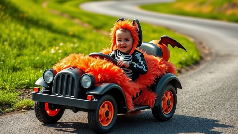 Kid in Halloween car for kid stories, colorful and playful scene.