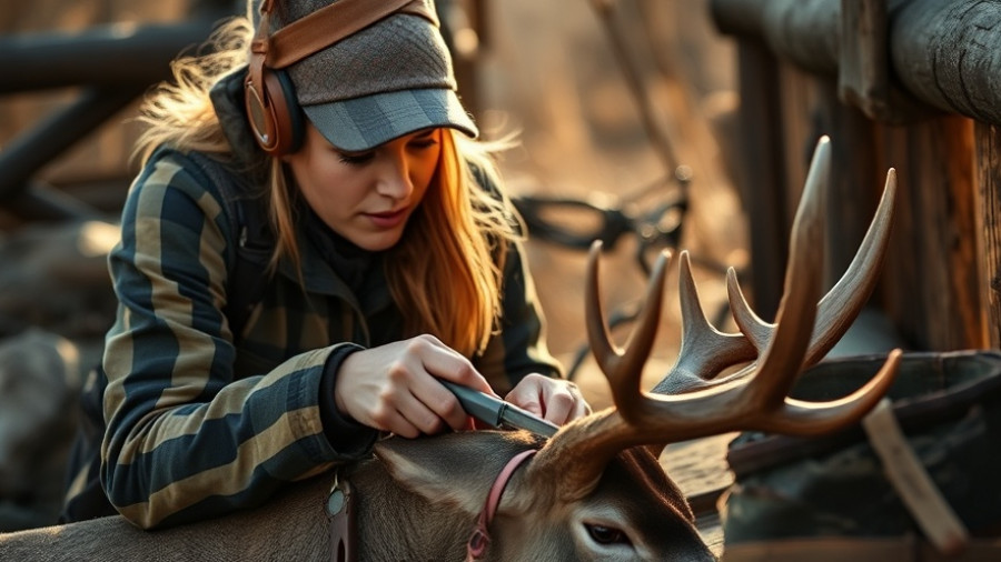 Female hunter skillfully skinning deer, uses for deer hides.