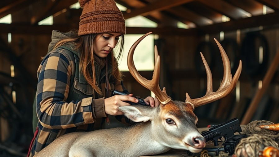 Skilled preparation of deer hide outdoors in autumn light