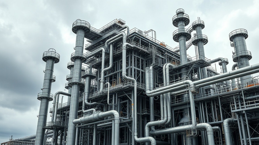 Intricate refinery structures under a cloudy sky