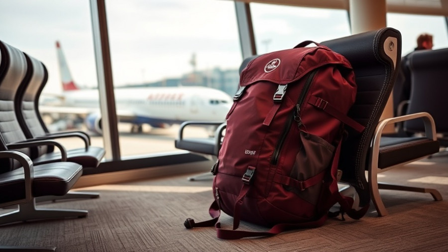 Maroon Osprey Fairview 40 Travel Pack in an airport lounge.