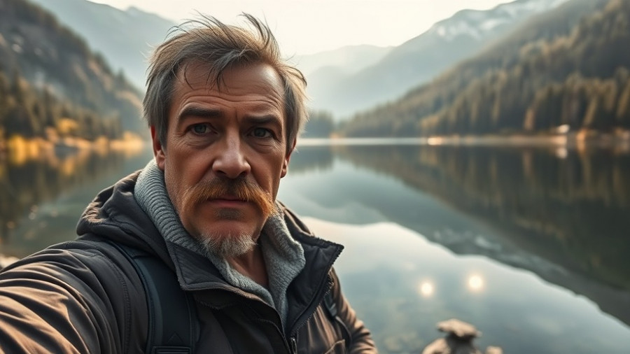 Portrait of elk hunter with mountain lake and nostalgic elk photo.