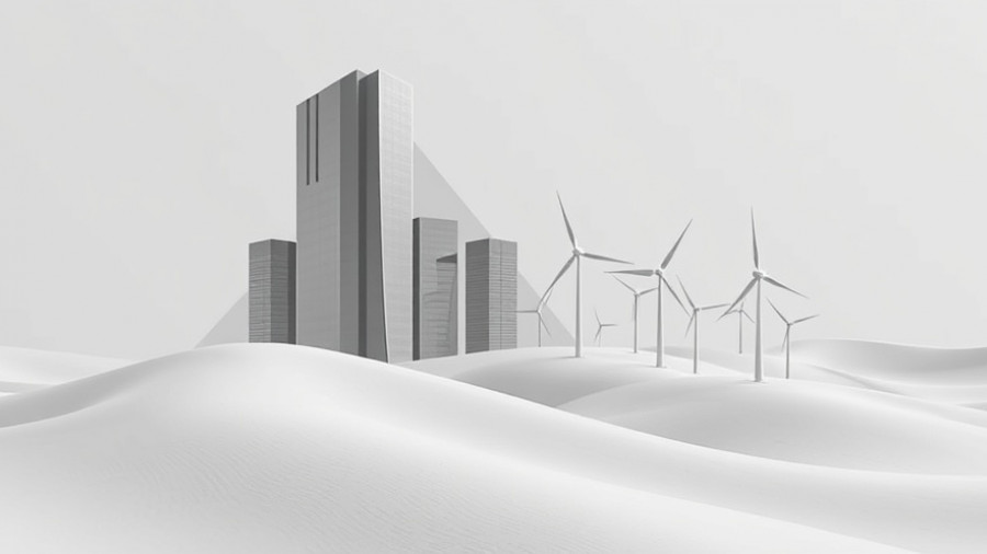 Abstract design symbolizing Asia ex-Japan Sustainable Fund Flows with wind turbines and skyscraper.