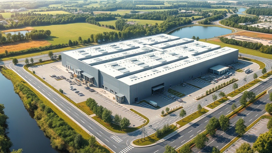 Innovative hazardous waste management facility with greenery and parking.