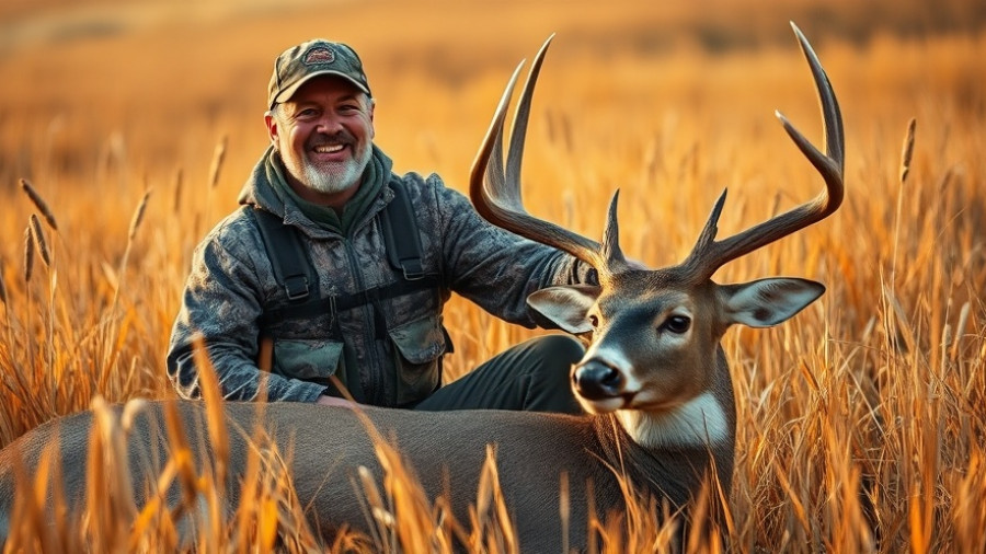 Hunter with Kansas nontypical buck in golden meadow.