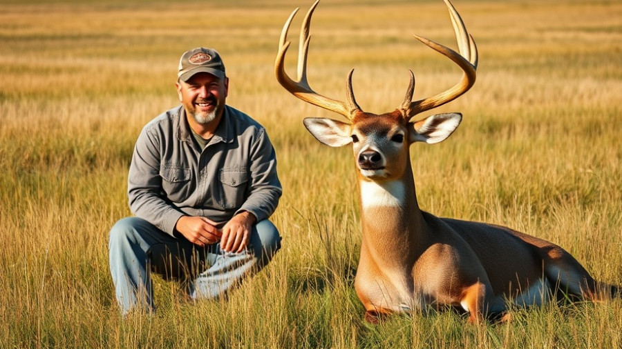 Massive nontypical buck Kansas with man in camouflage, smiling.