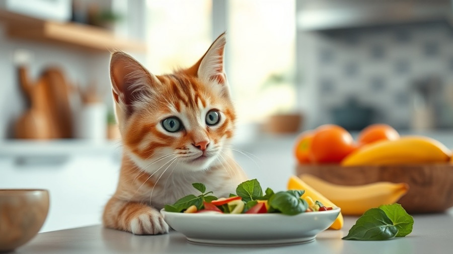 Cat eating sustainable pet food in a modern kitchen.