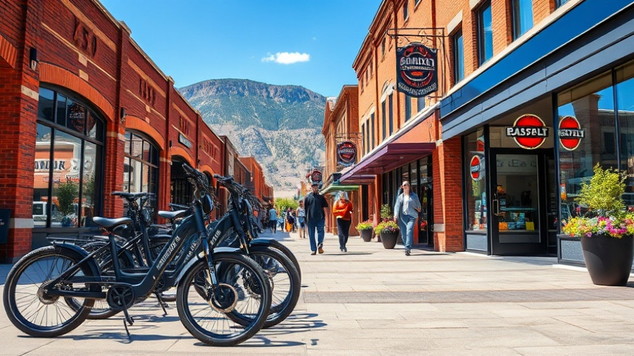 Electric bikes on Basalt's Midland Avenue streetscape, vibrant scene.
