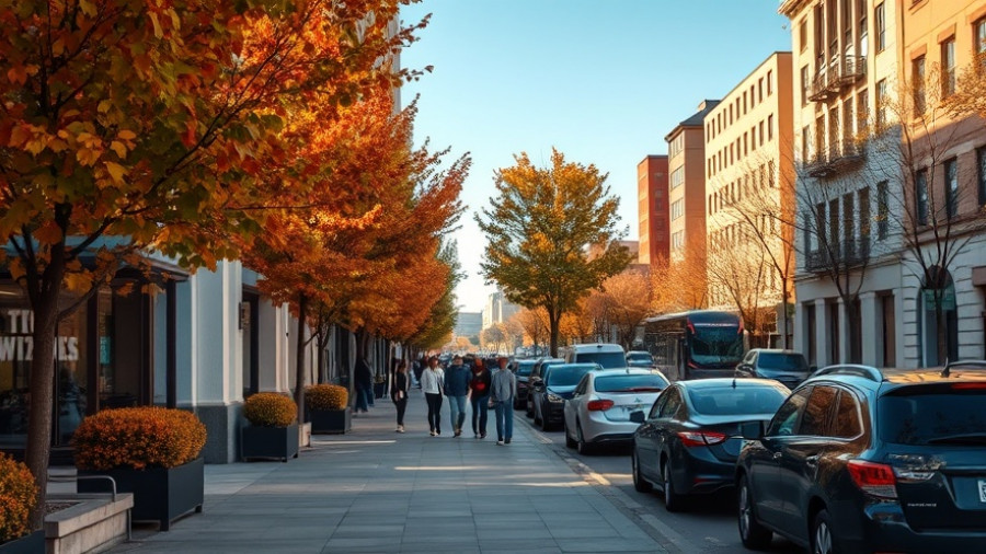 October Efficiency Check for Businesses: lively autumn city street with people.