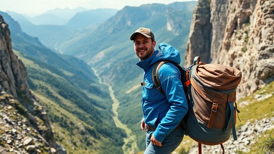 Man with backpack in mountainous landscape, custom backpacking trip planning.