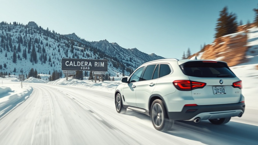 White SUV speeding on snowy Yellowstone road highlighting winter driving dangers.