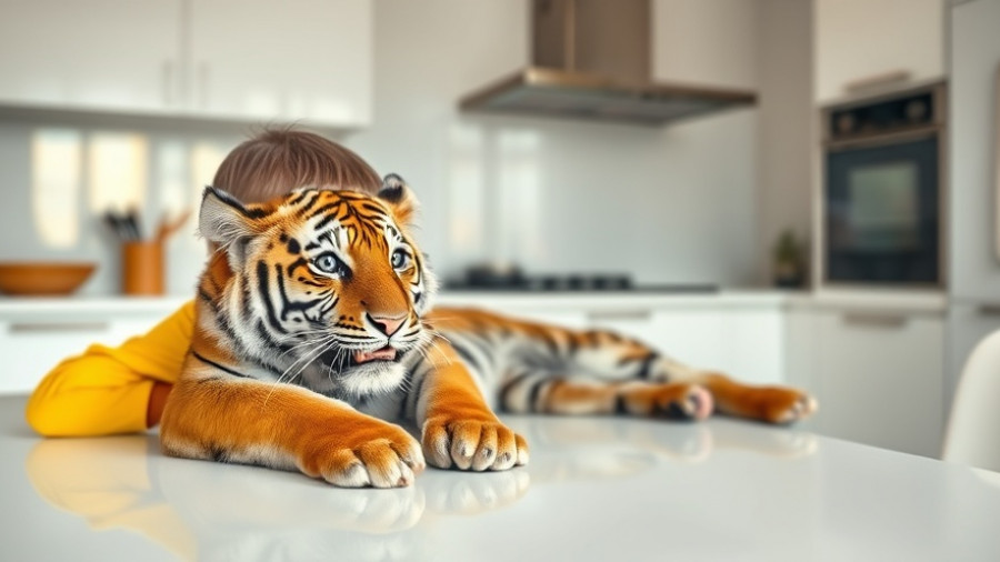 Surprised child sees tiger on kitchen table, learning about animals.
