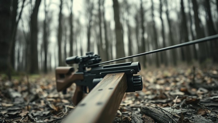 Close-up of trip-wire crossbow trigger in a forest.
