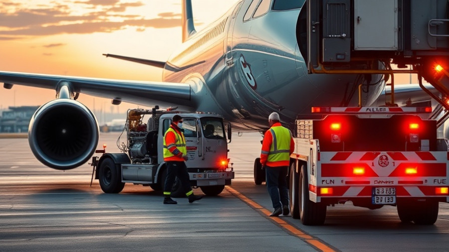 Airport crew refueling airplane, highlighting sustainable aviation fuel challenges.