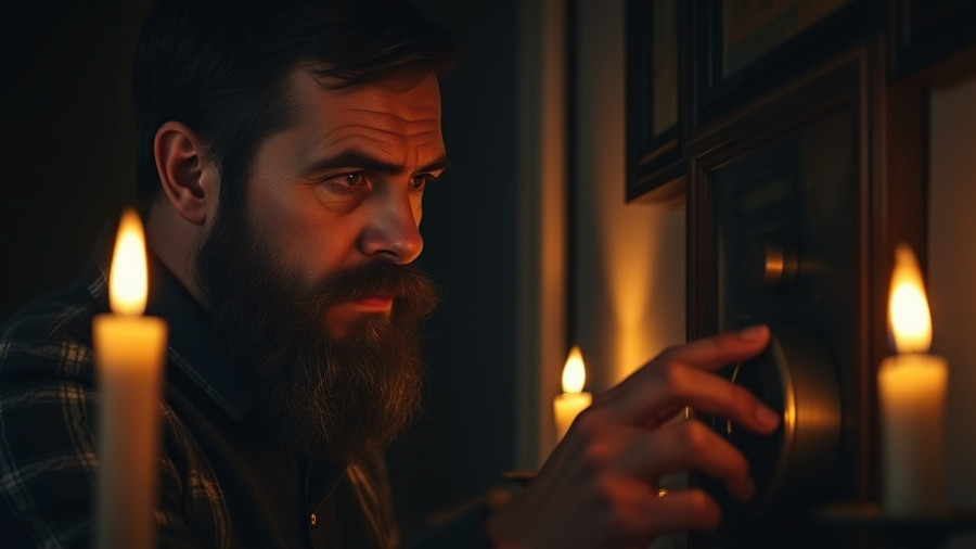 Man checking thermostat with candle to prepare for power outages.