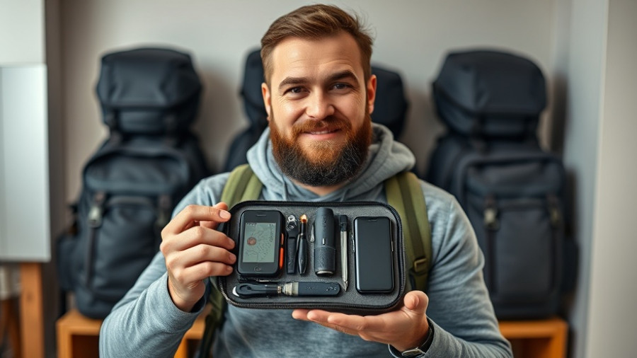 Winter EDC kit essentials held by casual bearded man indoors.