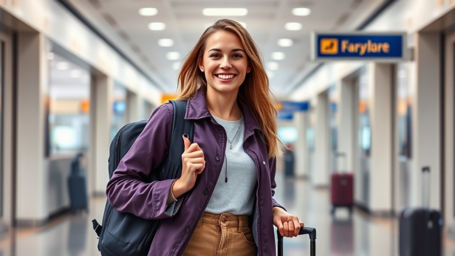 Young woman traveling in an airport carrying luggage for adventure travel.