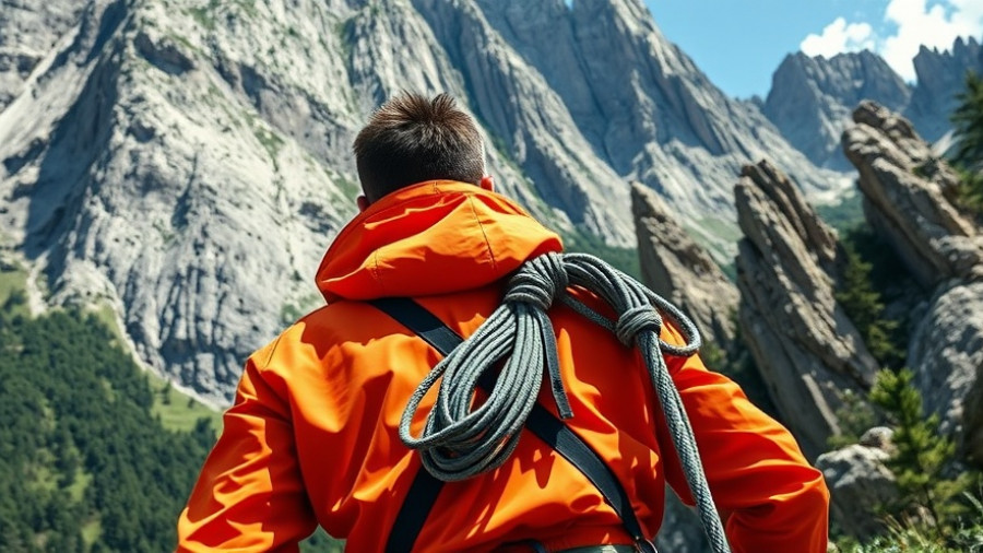 Climber with equipment looking at a cliff in Yosemite.