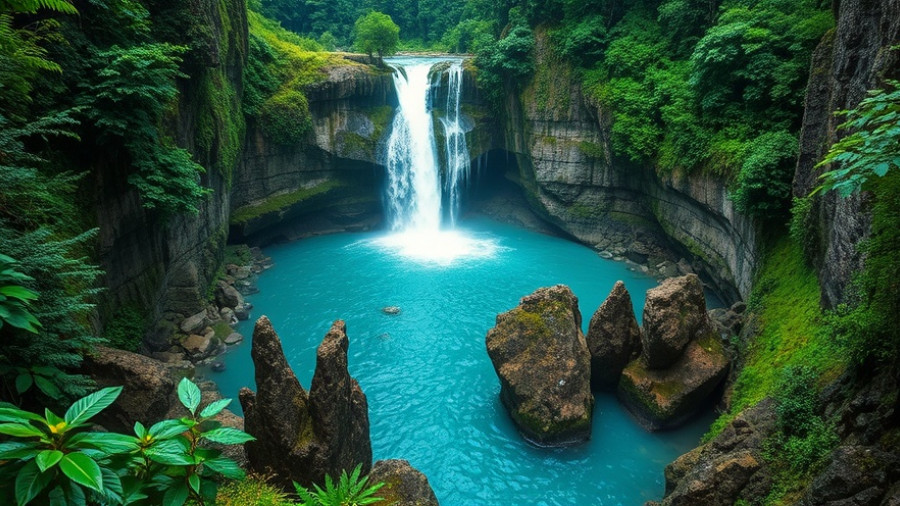 Stunning waterfall in Dominican Republic, lush greenery and tranquil water.