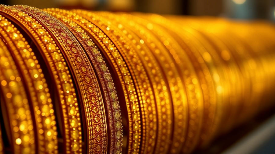 Intricate gold bangles symbolizing surge in gold production.