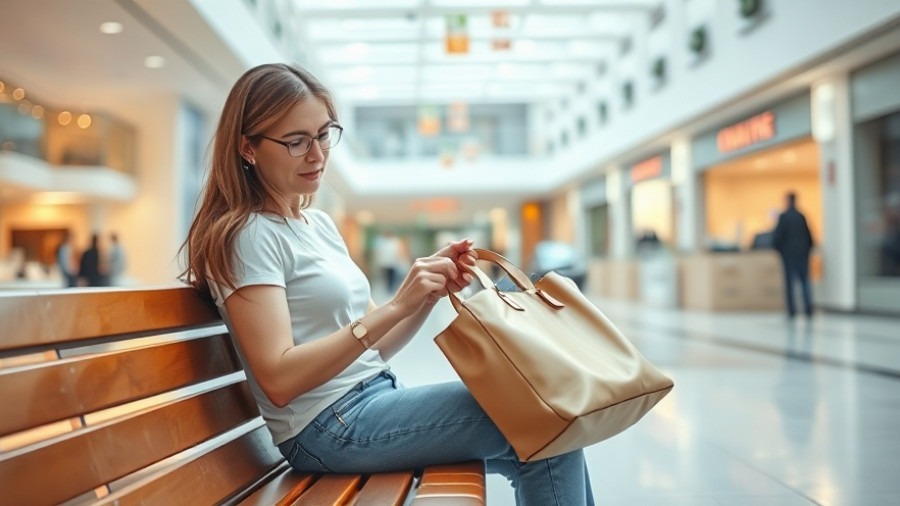 Woman checks bag contents indoors, bright mall environment.