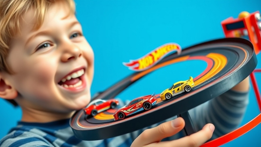 Excited child plays with Hot Wheels track in kids race cars setup.