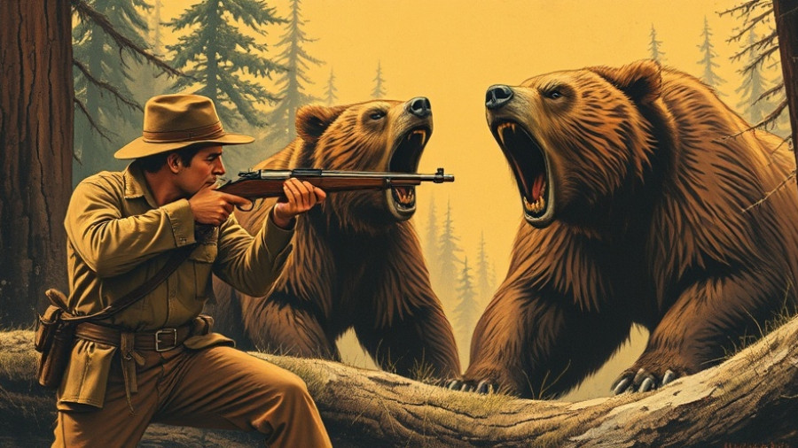 Vintage illustration of hunters encountering a brown bear.