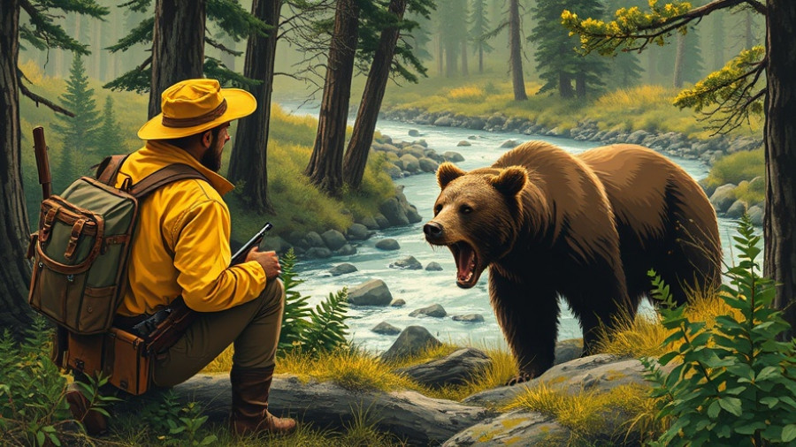 Family-friendly brown bear hunting in Alaska scene with hunters.