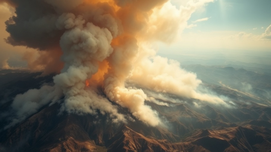 Aerial view showing real-time satellite image of a forest fire with smoke plumes for natural disasters.