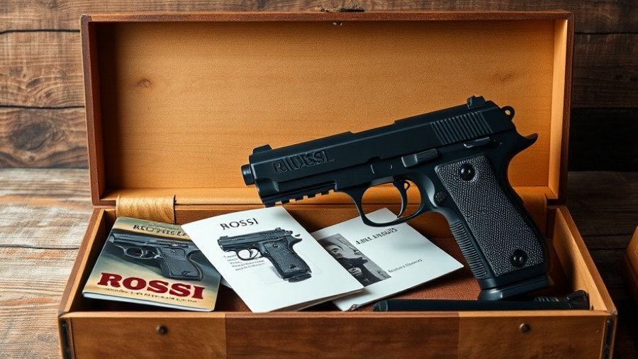 Rossi R95 Triple Black pistol unboxed with manuals on rustic wood.
