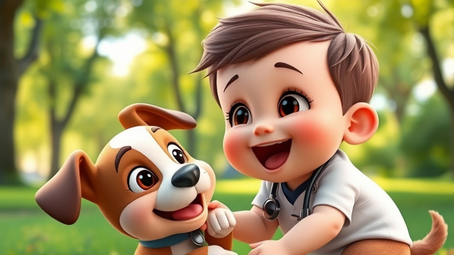 Joyful cartoon child veterinarian with puppy in park, fun jobs for kids.