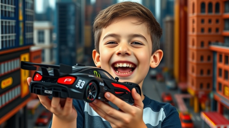Kid Racing Enthusiast Toys: Smiling boy with toy race car.