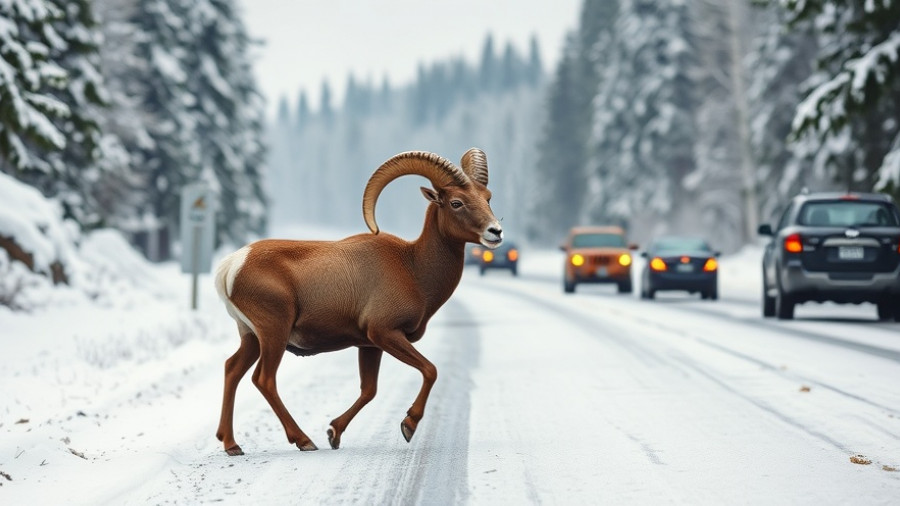 Bighorn sheep crossing snowy road amidst trucks in winter forest.