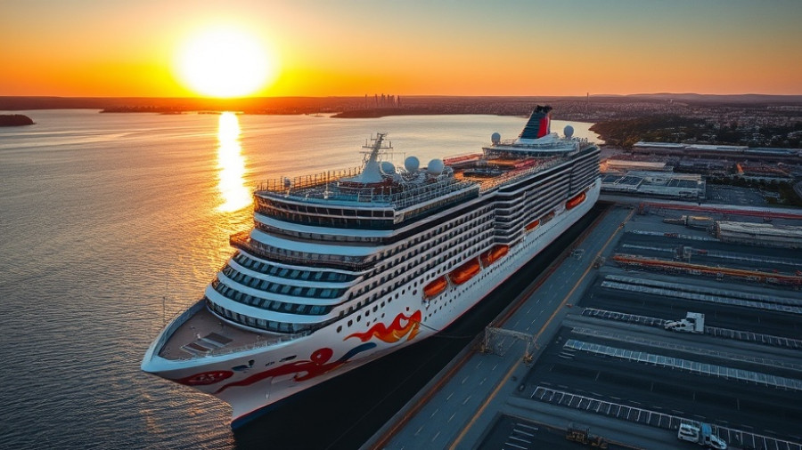 Norwegian Cruise Line ship docked in Jacksonville at sunset.