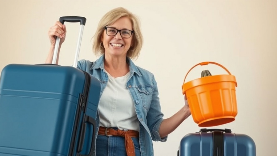 Smiling woman offering travel anxiety hacks with suitcase and pumpkin bucket.