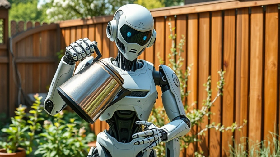 Futuristic humanoid robot pre-order Neo in garden setting.