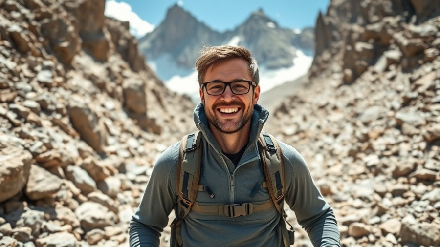 Man hiking in mountainous terrain, outdoor adventures.