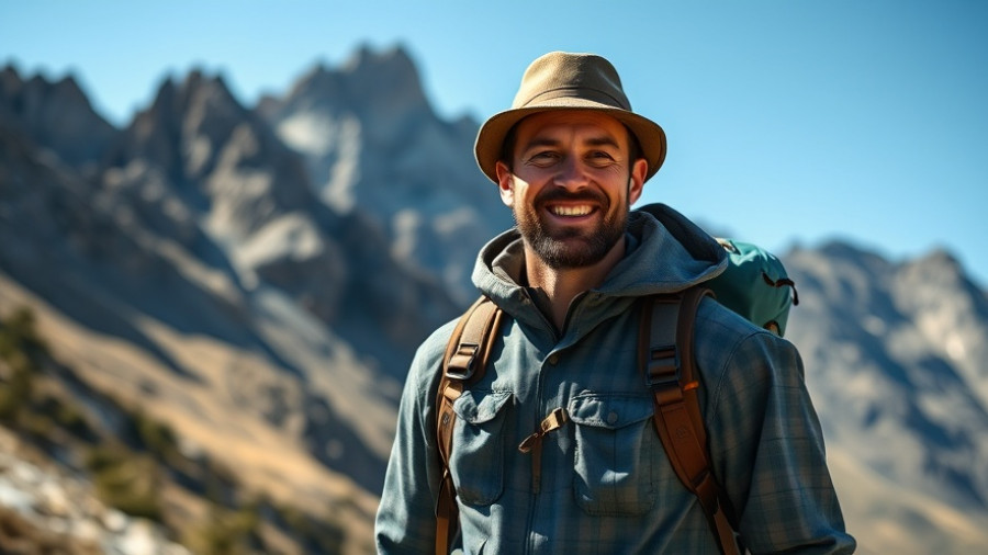 Outdoor adventurer in hiking gear, rocky mountain backdrop.