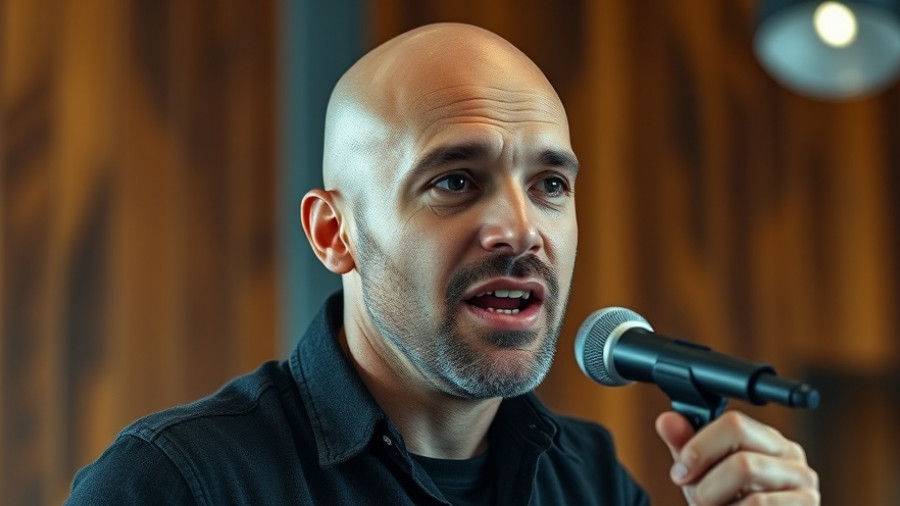 Engaged bald man discussing SEO marketing in a studio setting.