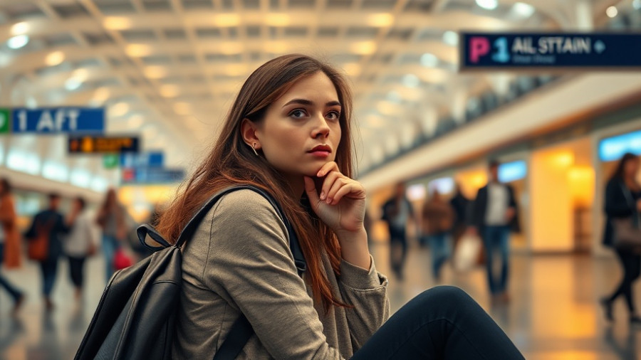 Solo travel tips for beginners: thoughtful traveler at an airport.