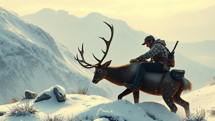 Dynamic depiction of Alberta mule deer hunting in snowy mountains.