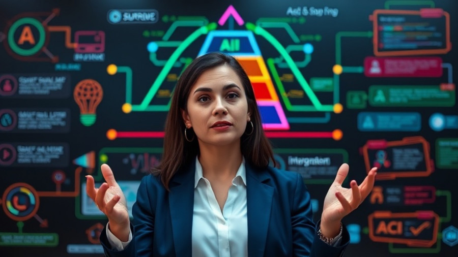 Professional woman explaining AI technology stack with neon diagram