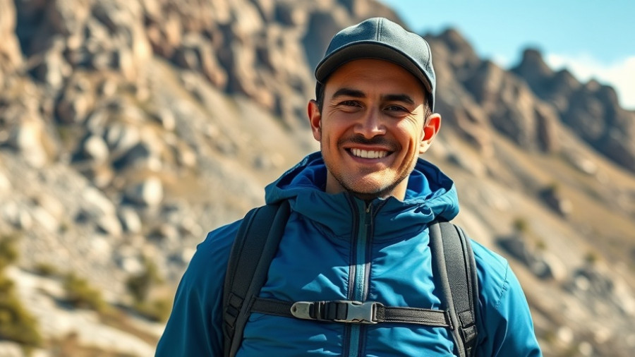 Outdoor fitness trainer smiling in mountain landscape.